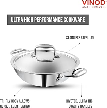 Vinod Platinum Kadai Triply Stainless Steel | Suitable for Indian Cooking, Sauces, Stews, Soups | Deep/Extra Deep Kadai with Lid | Induction, Electric Friendly (Deep Kadai, 24cm)