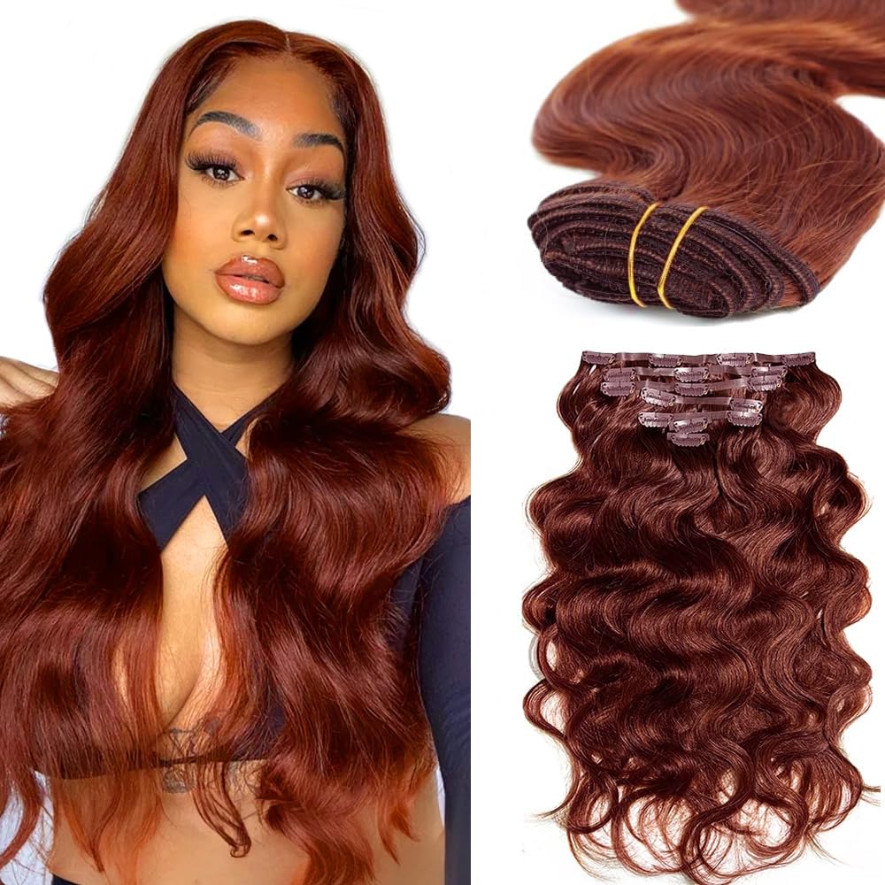 Photo 1 of #33 Auburn Brown Clip in Human Hair Extensions 20 Inch Reddish Brown Body Wave Clip in Seamless Extensions Human Hair Skin Weft Seamless Invisible Unprocessed Brazilian Virgin Remy Hair 120g