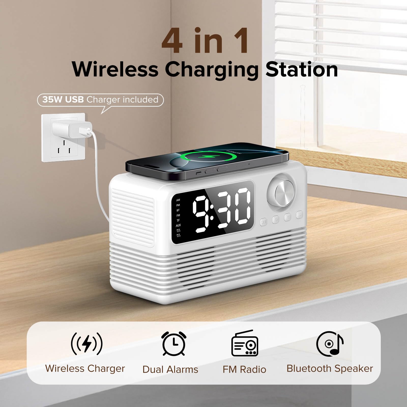Chargeur sans fil rapide 15 W avec haut-parleur Bluetooth et radio-réveil, station de charge sans fil 4 en 1 pour iPhone, téléphones Android avec radio FM pour chambre à coucher