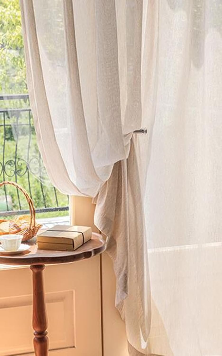 Daesar Voile Curtains 2 Panels Set 54 Inch Length, Hooks Tulle Curtains Solid Color Hollow Weaving Pattern Voile Curtains for Living Room Kitcken Window Treatment, 34x54 Inch Beige