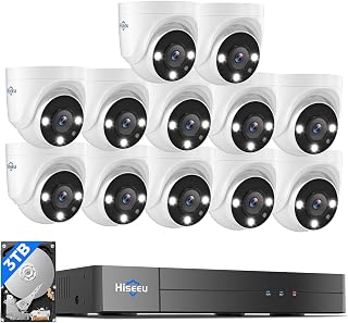 Hiseeu 16CH 3K Wired Security Camera System: AI Person/Vehicle Detection, 121° Wide View, 12x 5MP IP67 Cameras, 3TB HDD, No Monthly Fees