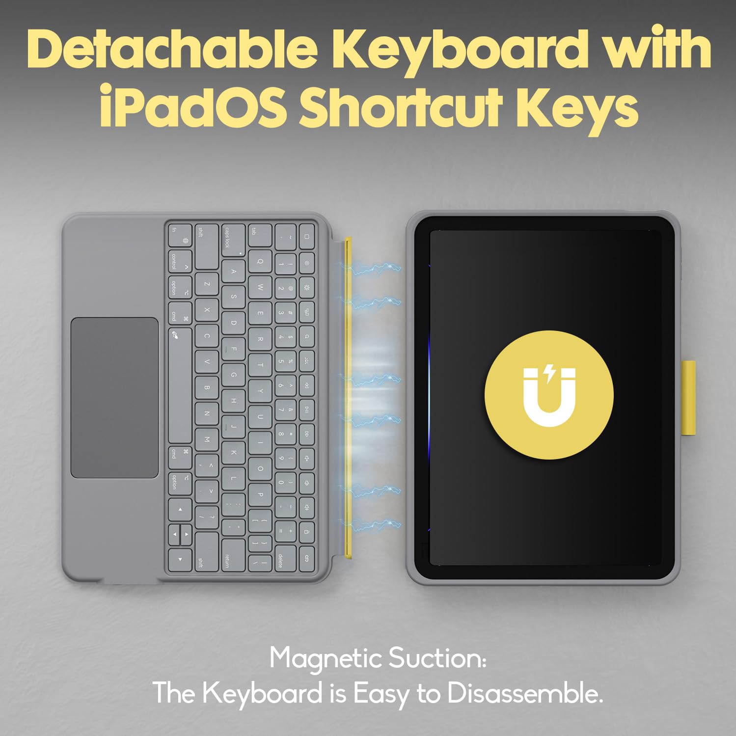 YTLUSN Étui de clavier multifonction pour iPad 10e (11,9, 2022), pavé tactile multipoint, support magnétique amovible, clavier rechargeable avec coque amovible compacte (gris