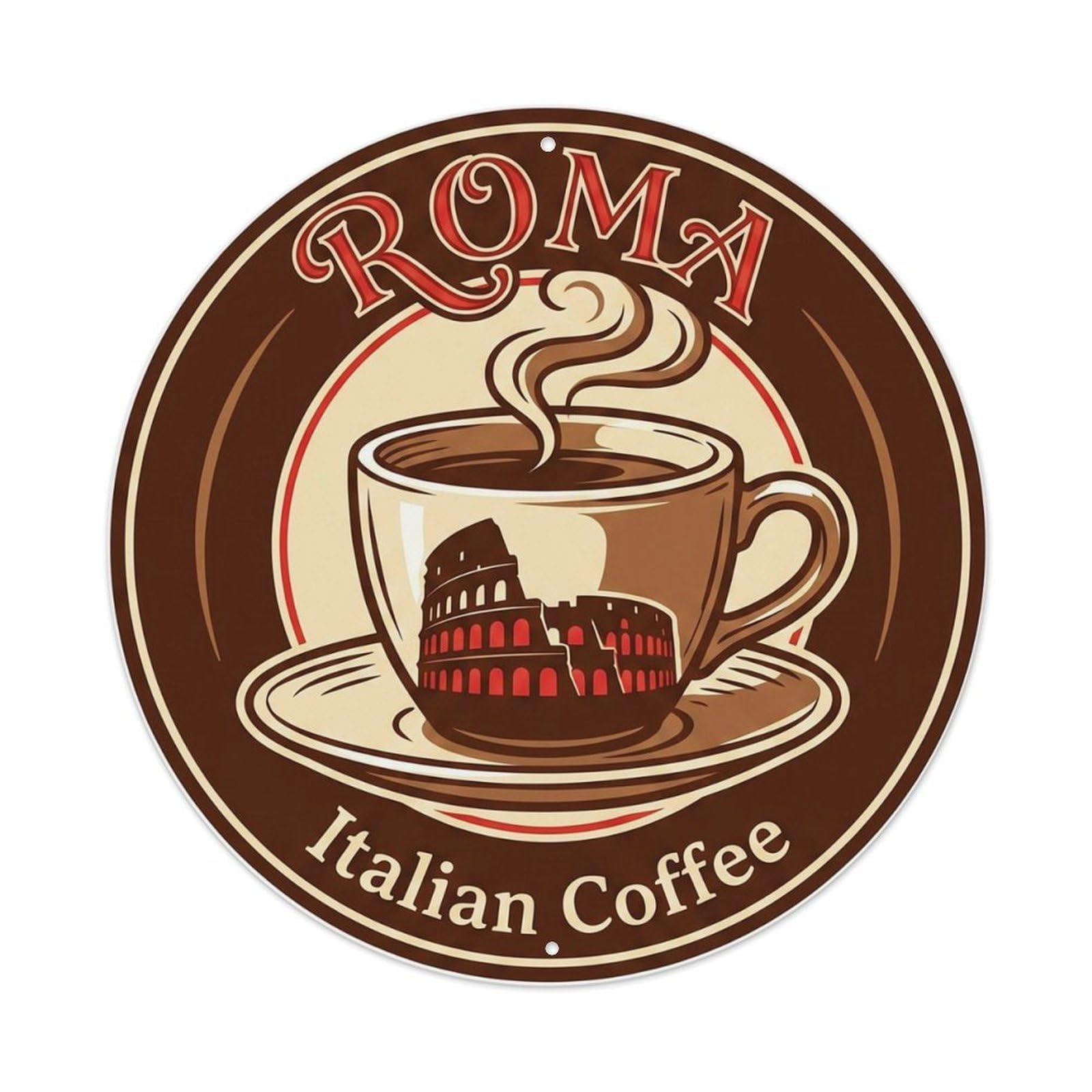Rome Coffee Culture Historic Tourism Classic Destination Metal Tin Sign Plaque Wall Decor for Cafe, Man Cave, Club Bar, Office, Home Garden Round Metal Poster 8x8Inch