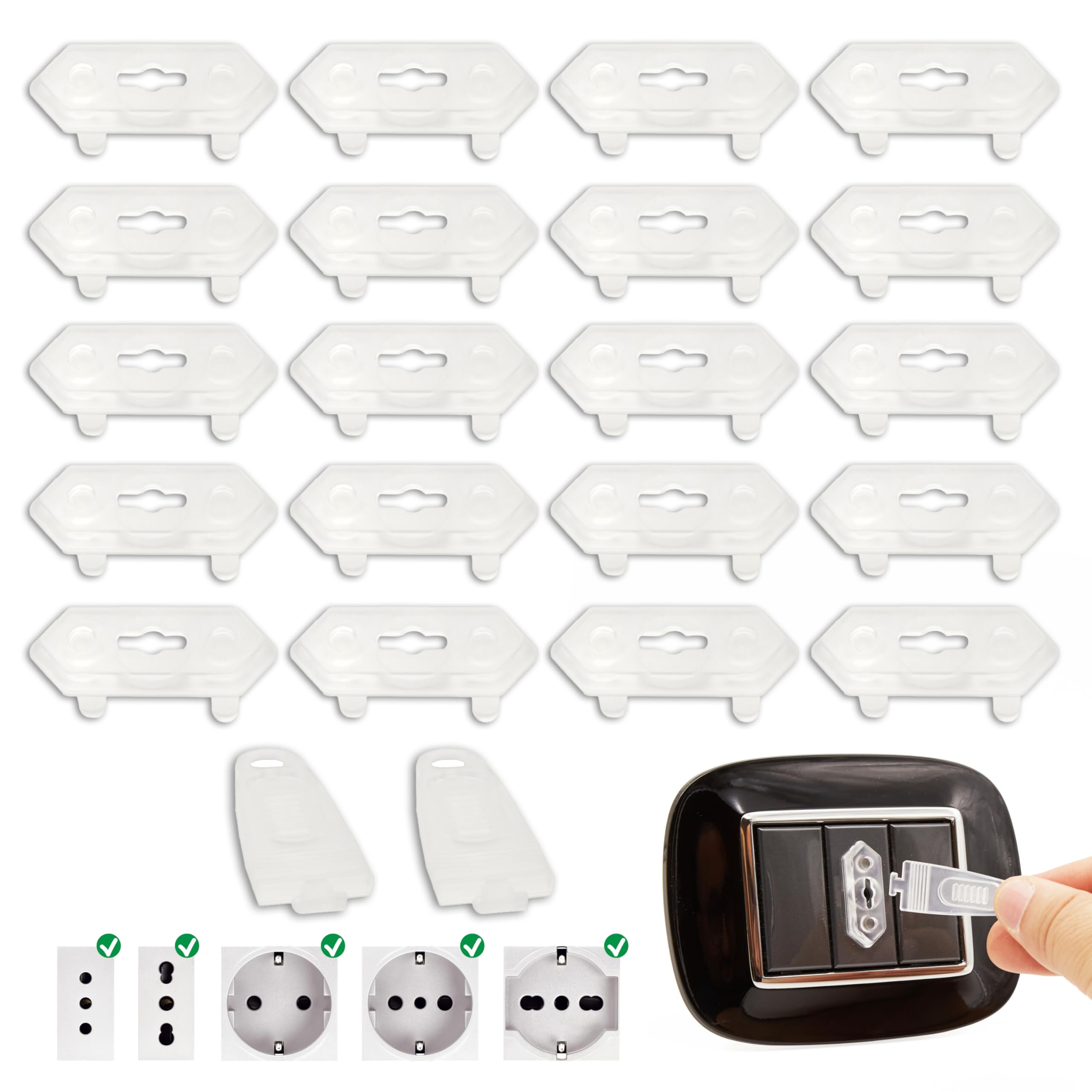 A&M Italia Copriprese per Bambini - 20 Copri Prese Elettriche in ABS Certificato EN-71 e 2 Chiavi (Trasparente)