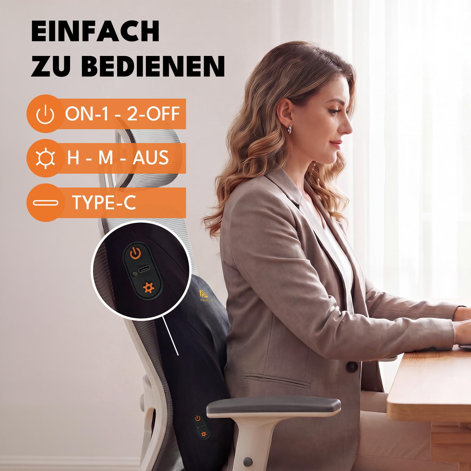 Shiatsu Massagekissen mit 8 Köpfen & Wärmefunktion, Premium Rückenmassagegerät für Bürostuhl Gaming Stuhl, ergonomisches Lendenkissen mit Memory Foam und Typ-C (Schwarz)