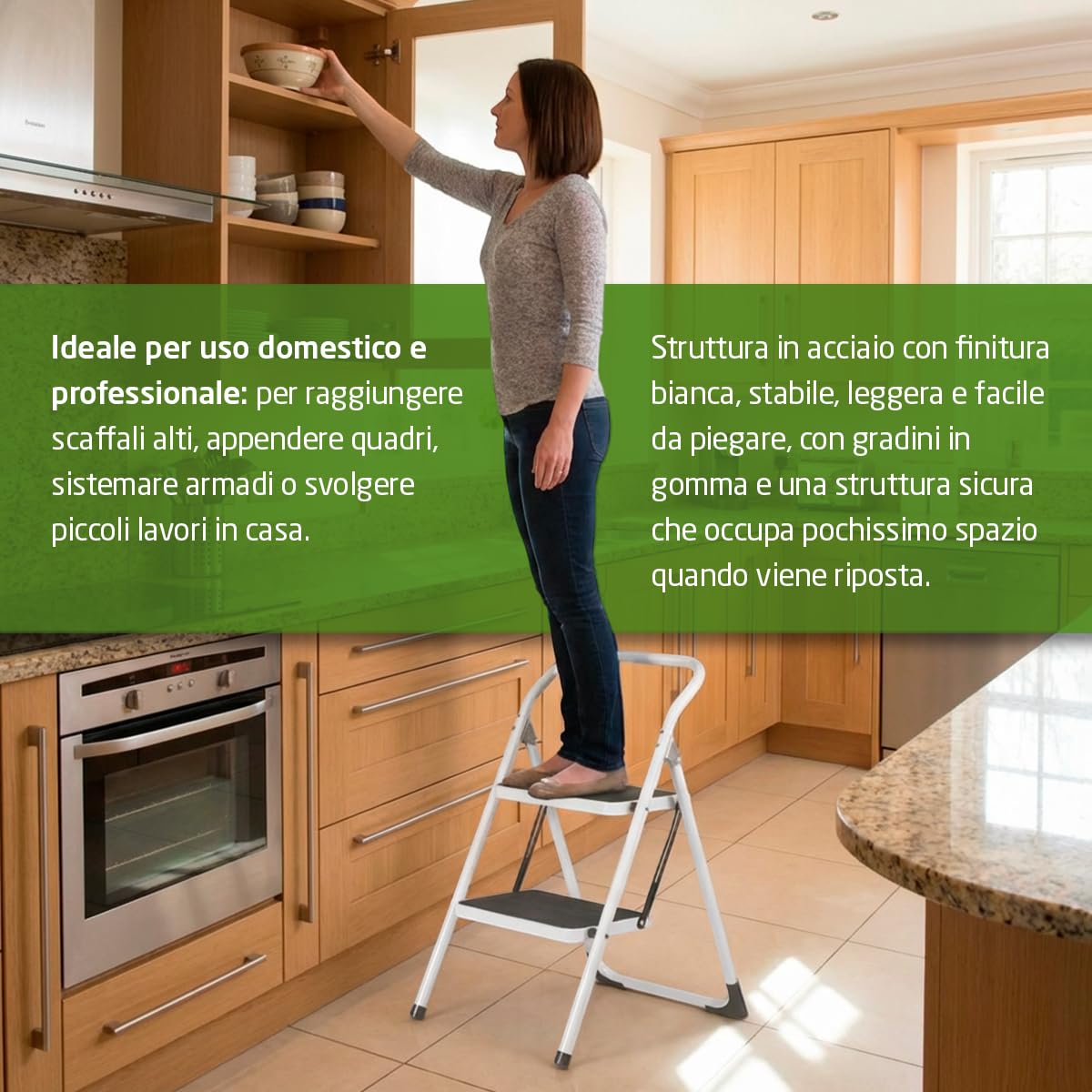 Amig - Scala pieghevole – Sgabello in acciaio con 2 gradini antiscivolo – Dimensioni: 77 x 59 x 48 cm – Peso massimo 150 kg – Finitura bianca con protezioni nere – Per uso professionale e domestico