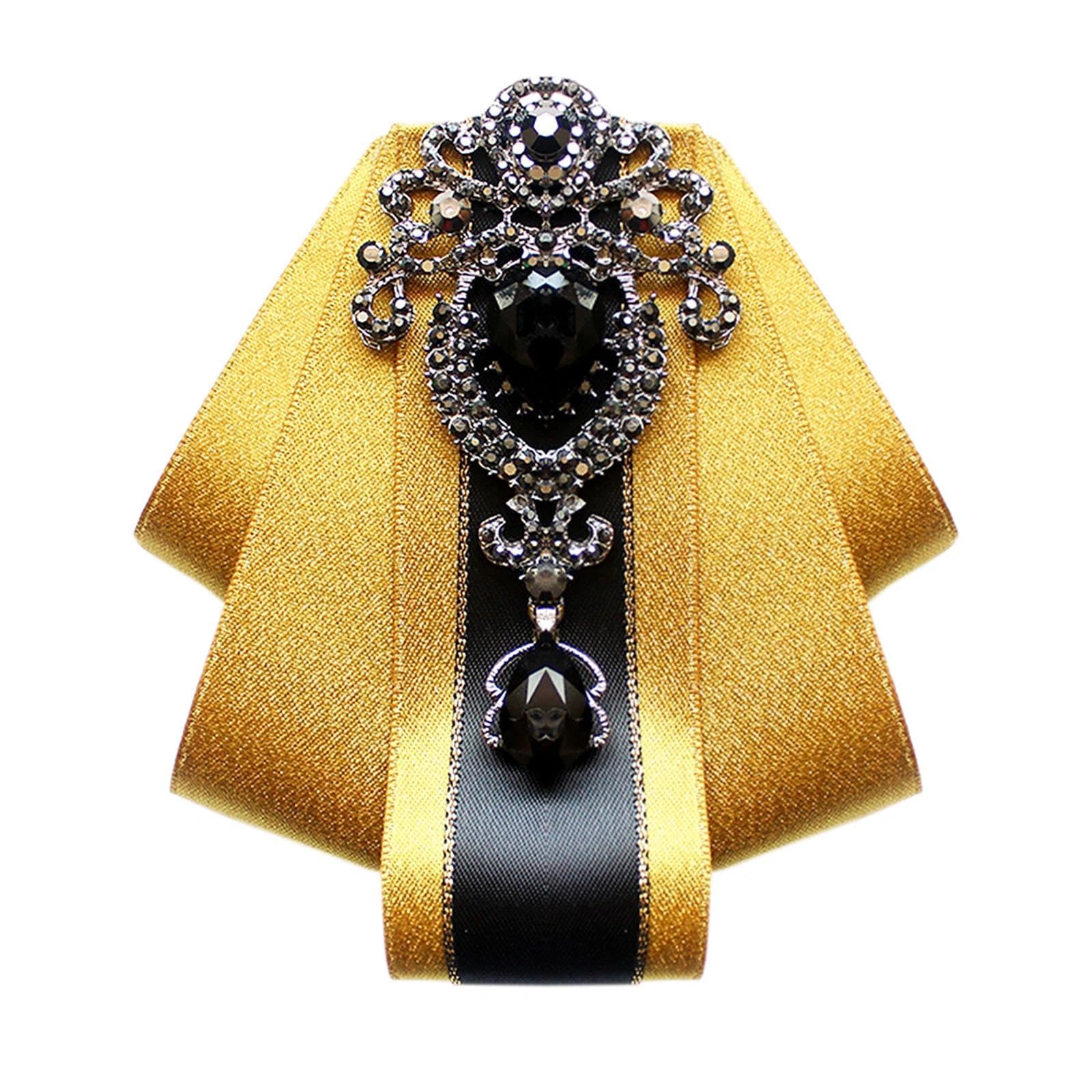 Bow Ties for Men Wedding Suit Banquet Dress Fashion Silk Solid Pre-Tied Crystal Brooch Pins Bow tie