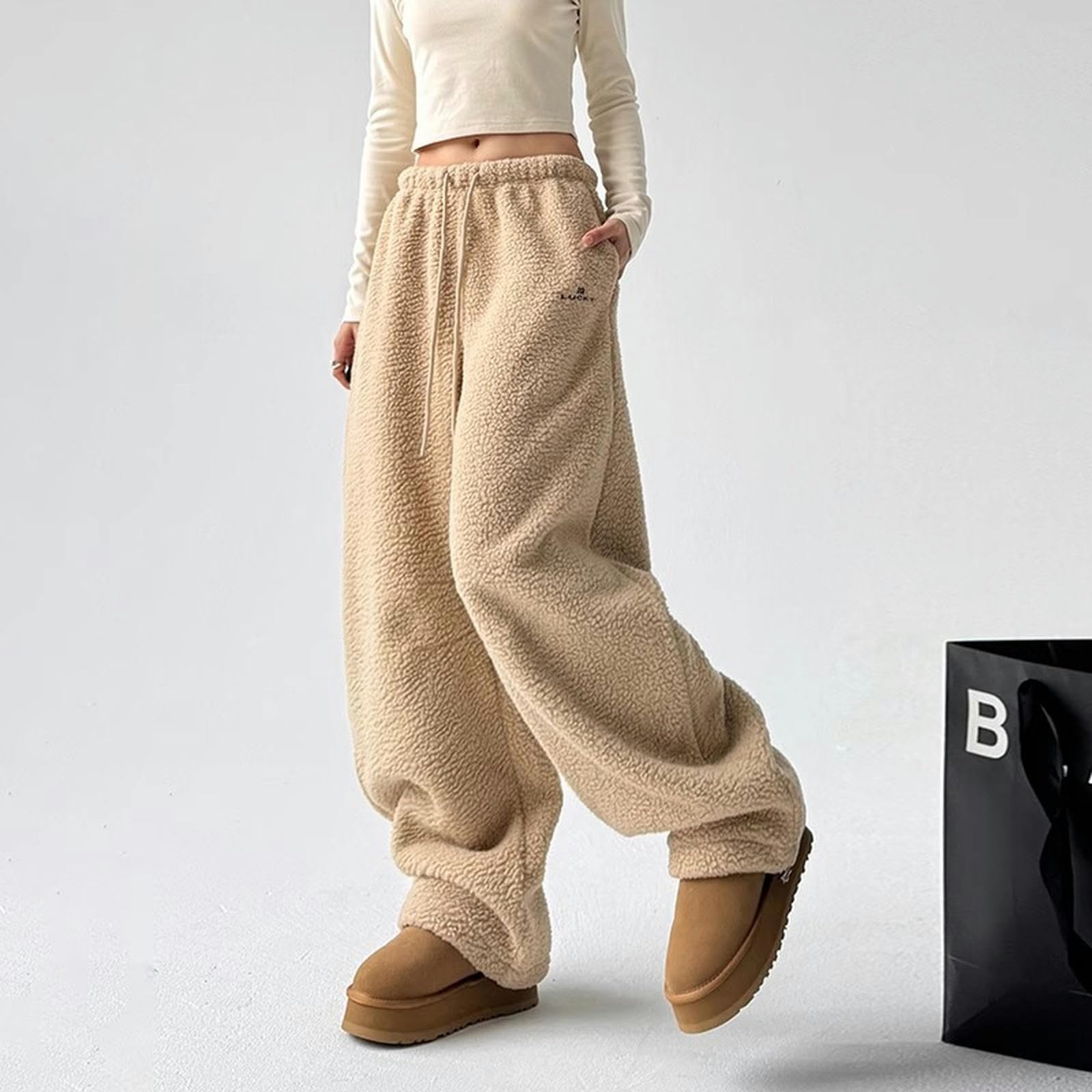 Pantalone Donna Pantaloni Casual Caldi in Vello Polare Donne Inverno Stile Inverno in Stile Pigro Pantaloni Lunghi Versatili-Cachi-m