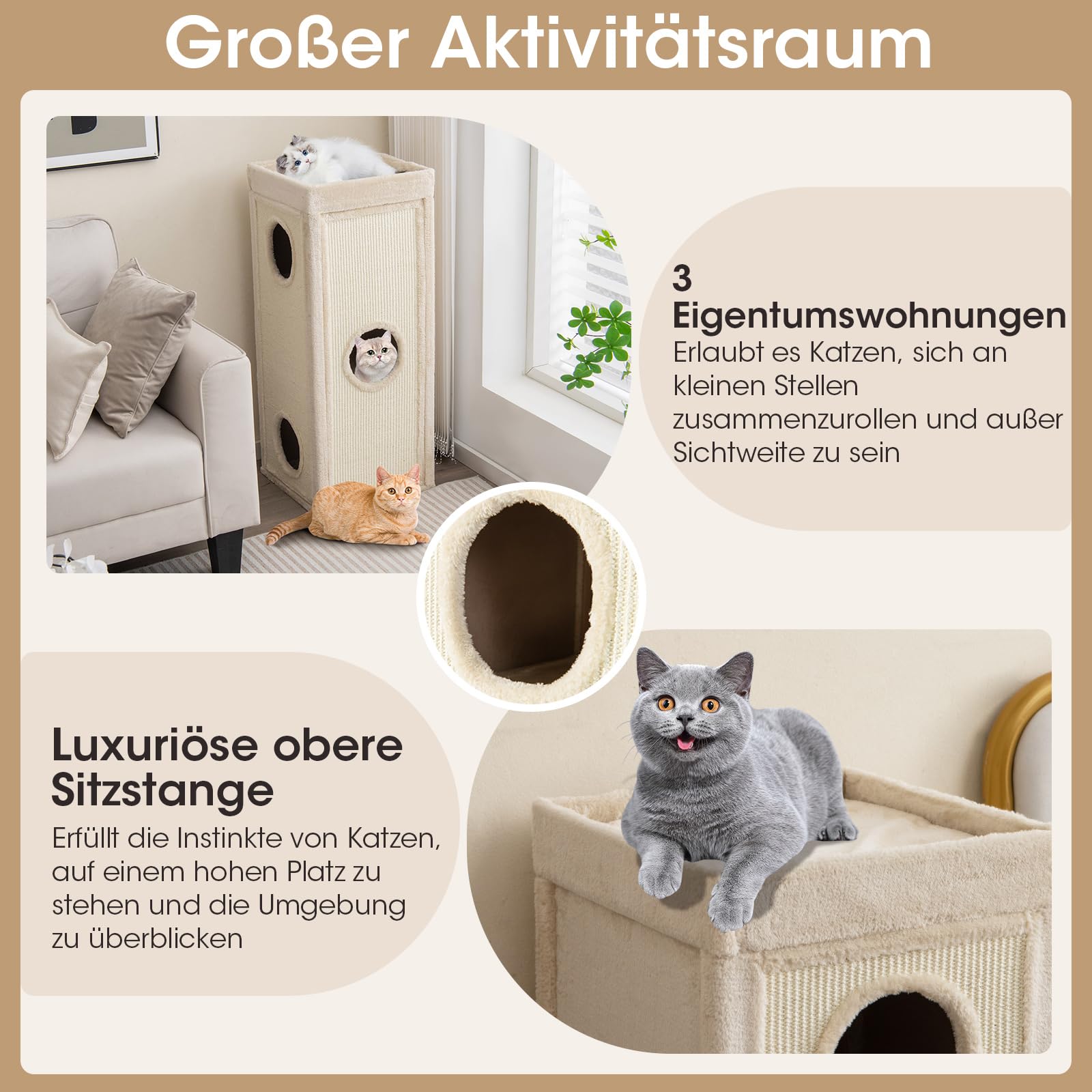 COSTWAY 4-stöckige Kratztonne Katzentonne, Kratzbaum mit Kratzbrett, 3 Höhlen & Kissen, Spieltonne für Katzen bis 25 kg, Katzenkratzbaum Katzenhaus Katzenmöbel, 40 x 40 x 99 cm (Beige)
