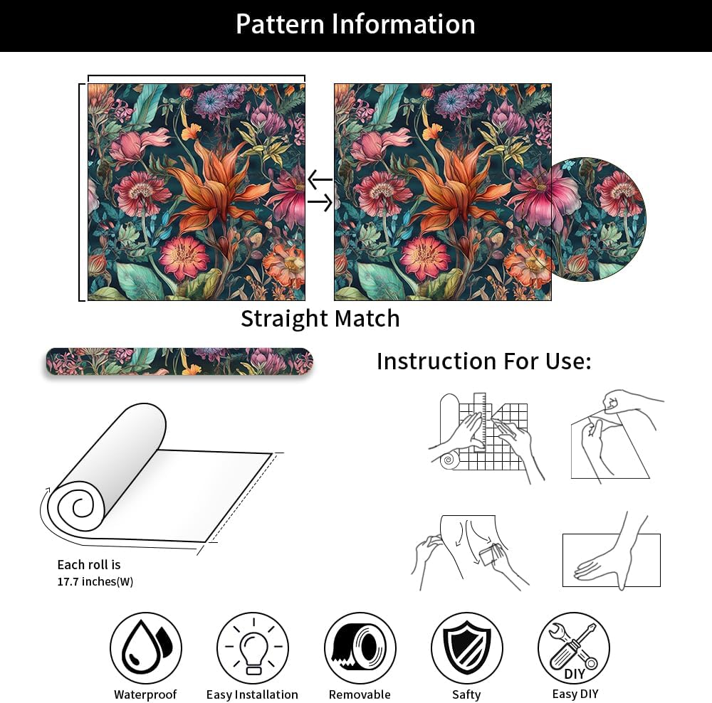 Dark Black Mystic Floral Garden Purple Pink Exotic Leaf Botanical Peel and Stick Wallpaper Easy Peel Off Contact Paper Stick on Adhesive Wall for Bathroom Waterproof Renter Friendly