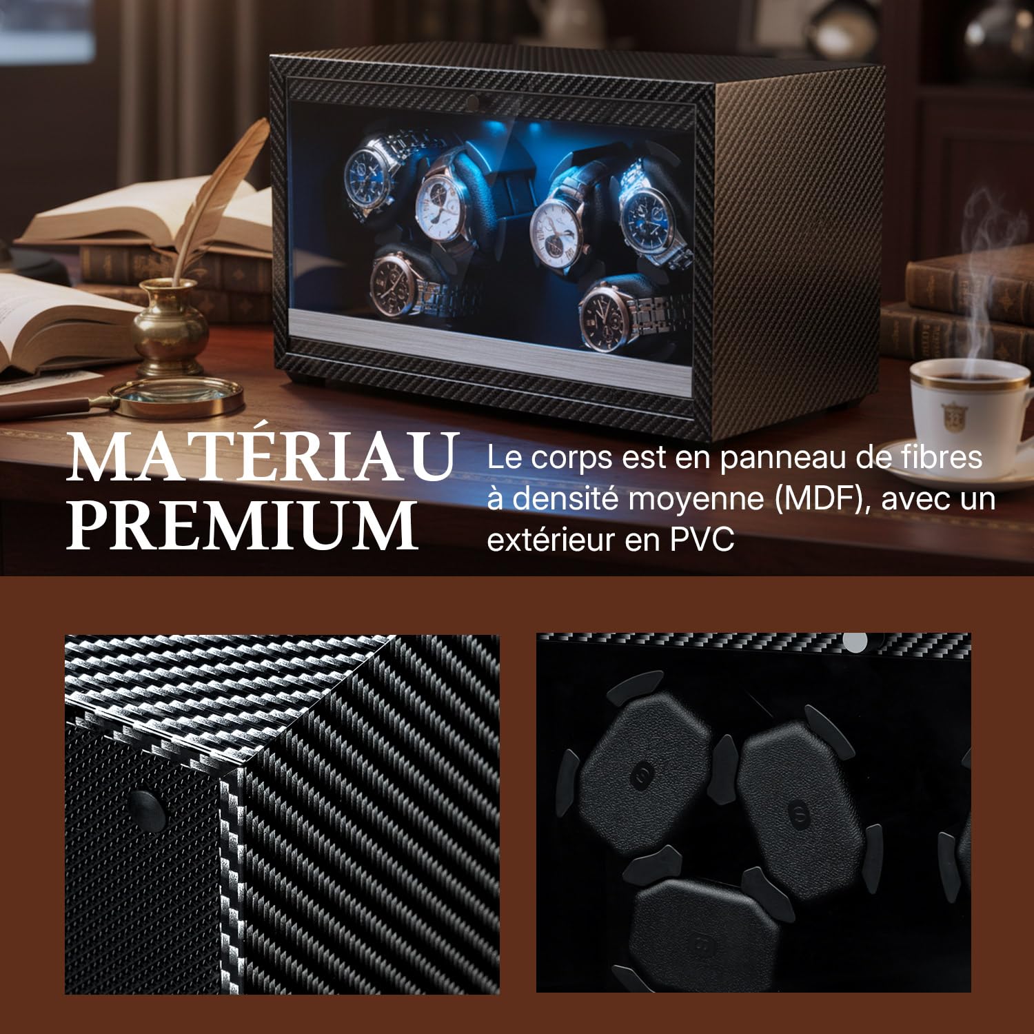 Mcbazel Remontoir Automatique pour 6 Montres, Moteur Ultra Silencieux avec Lumière LED, Boîte de Présentation avec 4 Modes de Rotation, Alimenté par USB