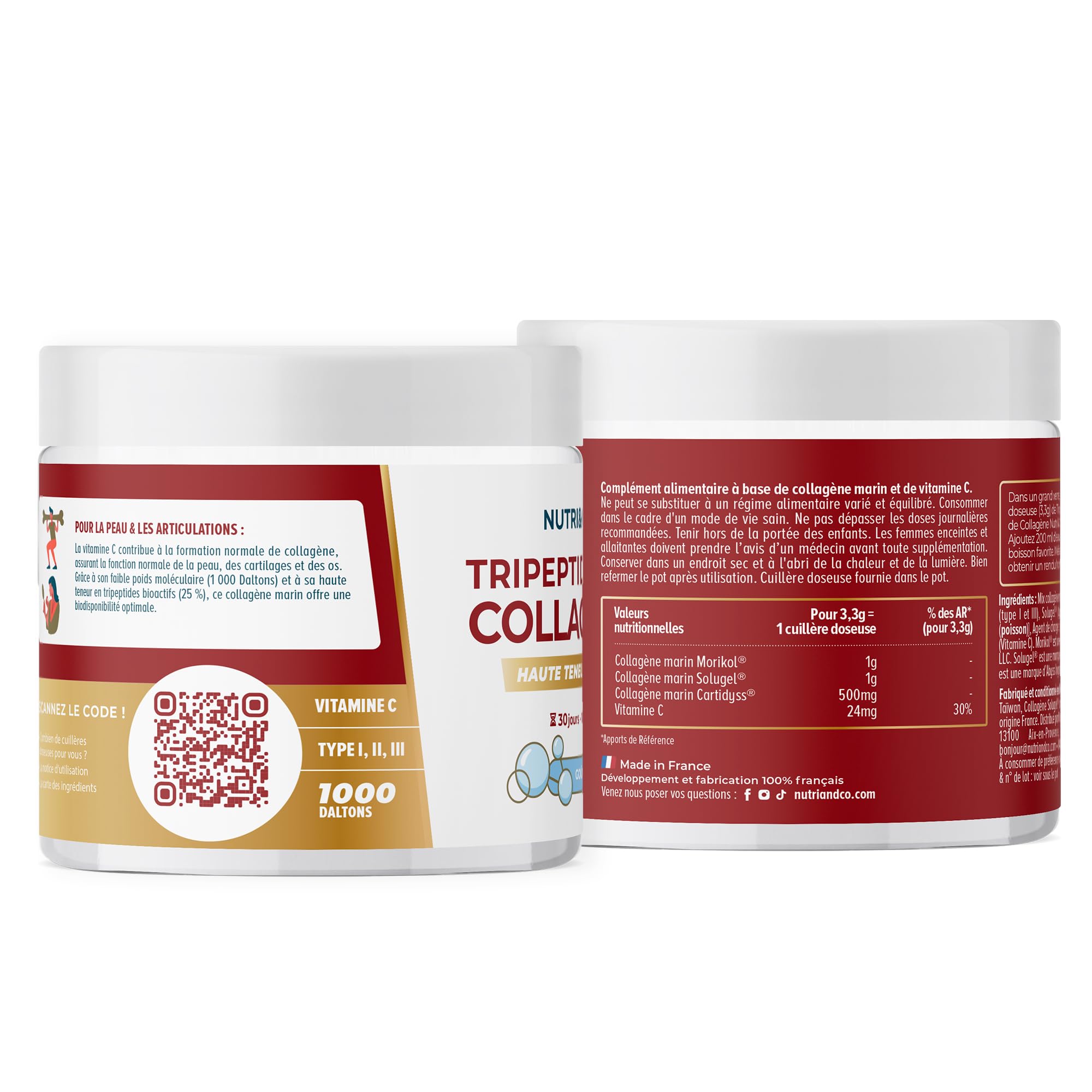 NUTRI & CO Tripeptides de Collagène + Vitamine C – Peptides Premium Biodisponibles 1000 DA – Morikol®, Solugel® Supra & Cartidyss® – 100g Goût Neutre 30jrs, Fabriqué en France