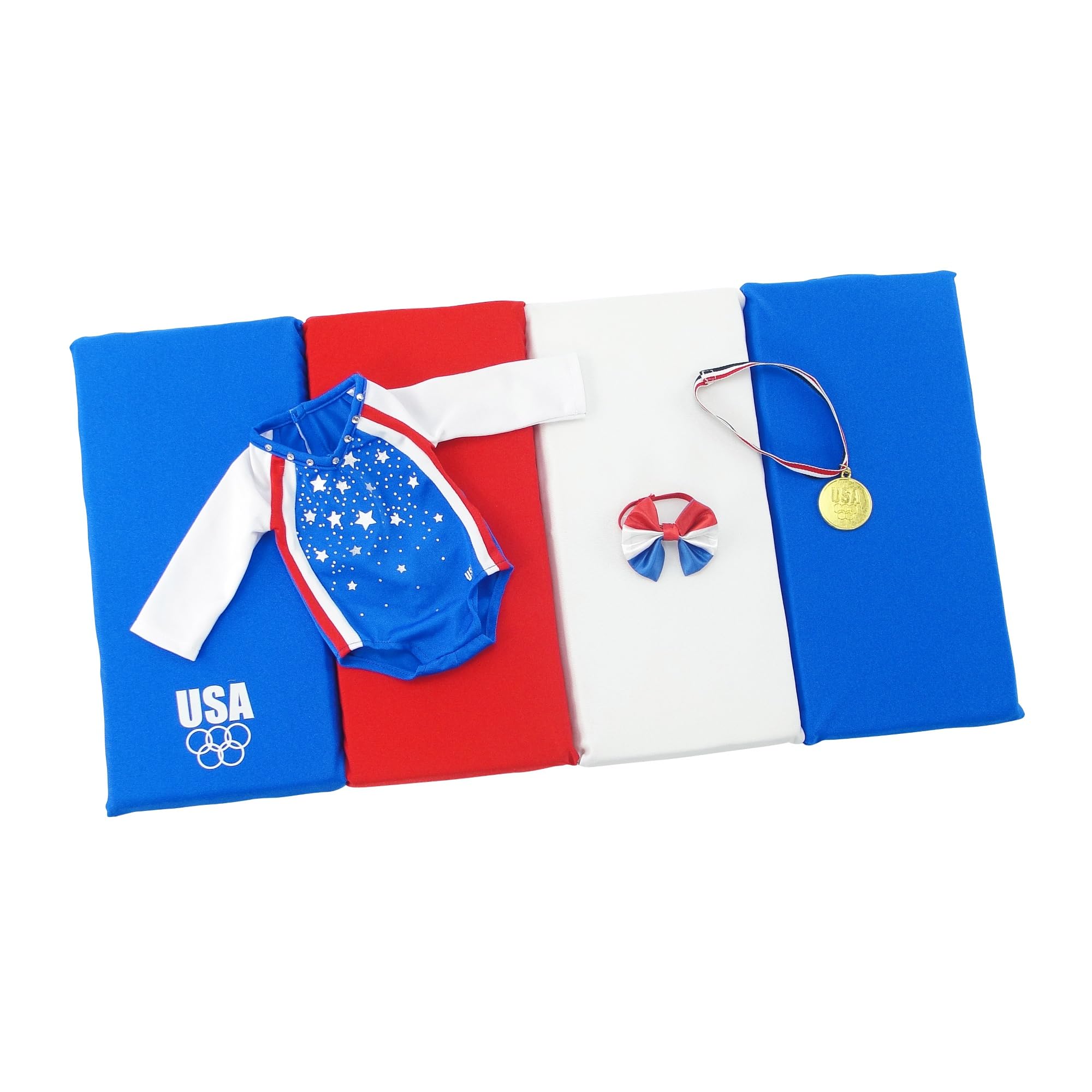 Emily Rose 14" Doll Gymnastics Set - 5PC USA Outfit with Bejeweled Leotard, Mat, Medal & Stickers | NO Doll | Compatible with Wellie Wishers & Glitter Girls
