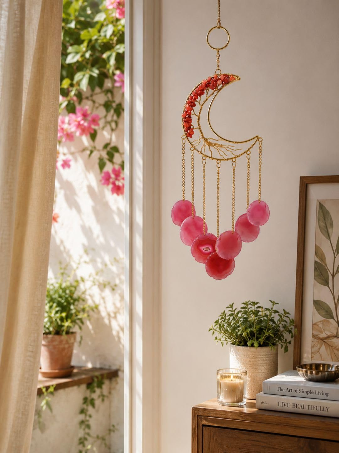 Red Crystal Moon Shape Windchime | Celestial Crystal Hanging Suncatcher for Vitality, Root Chakra & Garden Decor | 17" Height, 5" Moon Height, 7 Slices (300g)-image-26