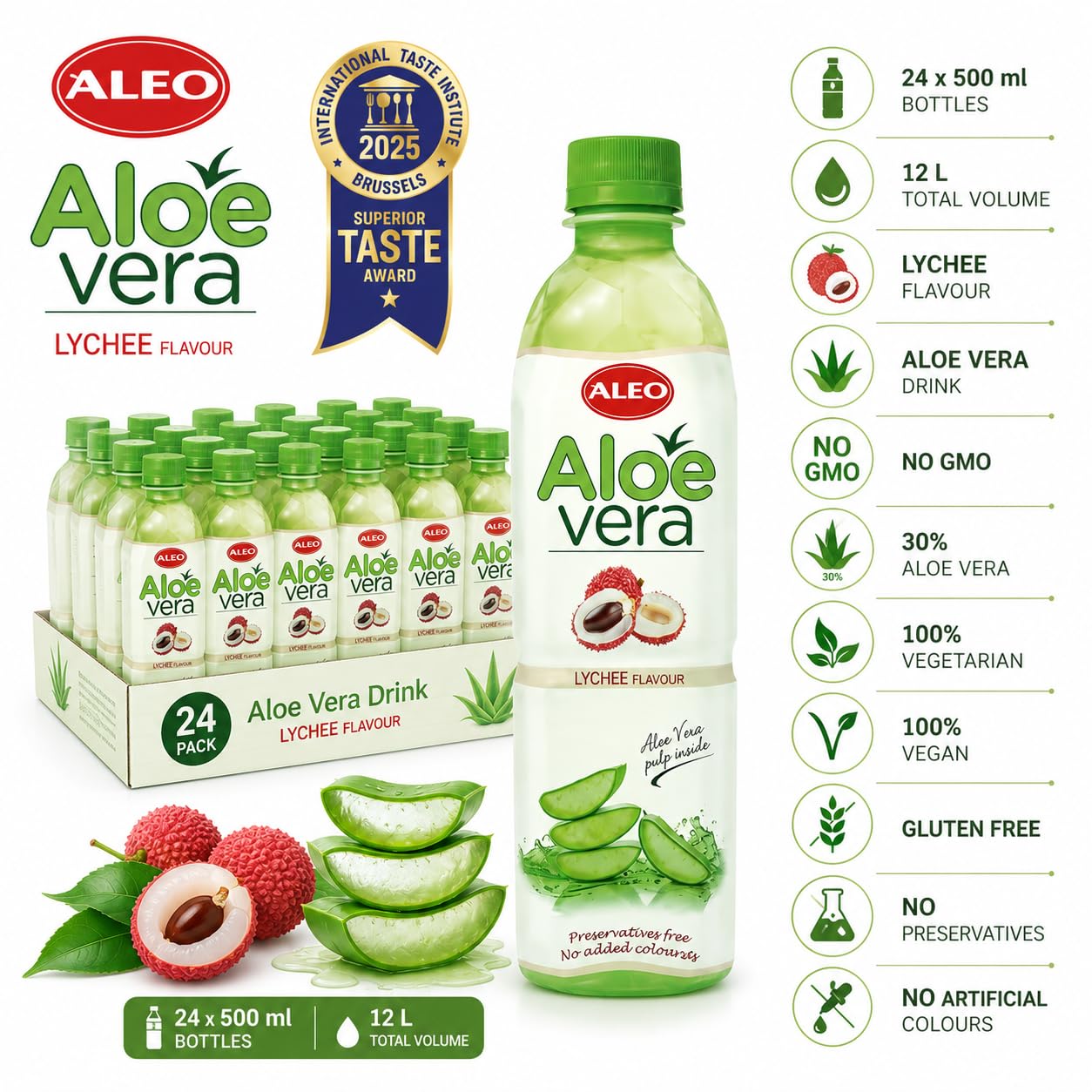 ALEO 0.5L Premium Lychee Aloe Vera Drink - Natural, No Preservatives, No Artificial Colors Superior Taste Award 2025