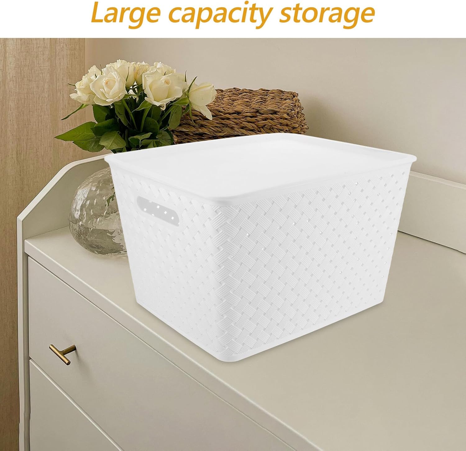 Luxshiny Plastic Storage Basket with Lid Small Pantry Organizer Bin with Handles Stackable Household Storage Container for Kitchen Shelves Countertops Cabinets and Under Sink