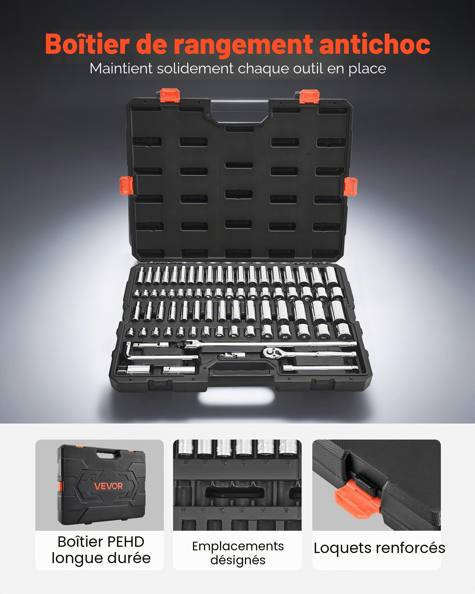 VEVOR Jeu de Douilles SAE et Métriques Profonds et Peu Profonds, Kit d'Outils de Mécanicien 76PCs, avec Clé à Cliquet à Entraînement 9,53 mm, Accessoires et Étui, en Acier Allié CR-V, pour Réparation