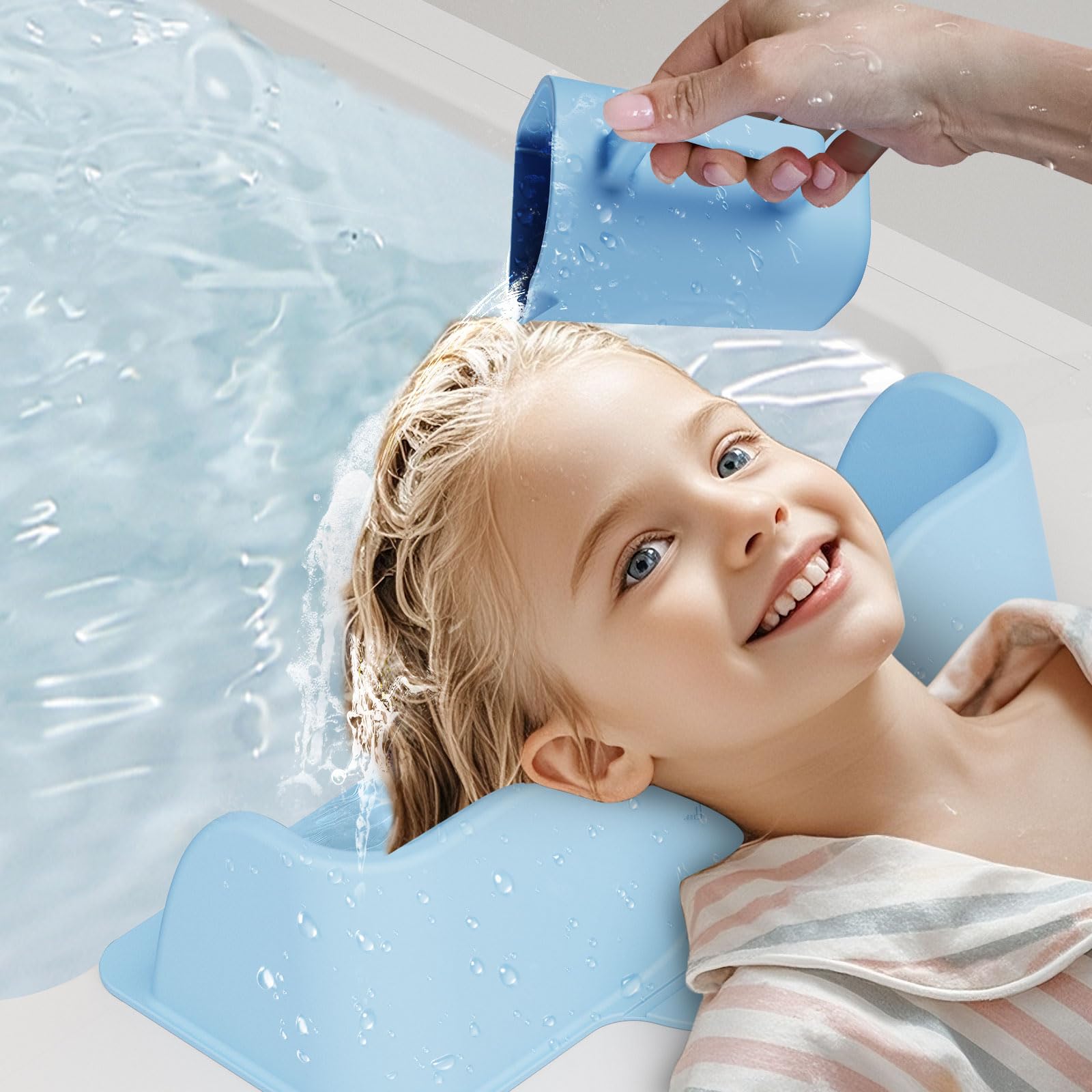 Kids Hair Washing Station, Silicone Shampoo Basin with Rinse Cup (Blue)