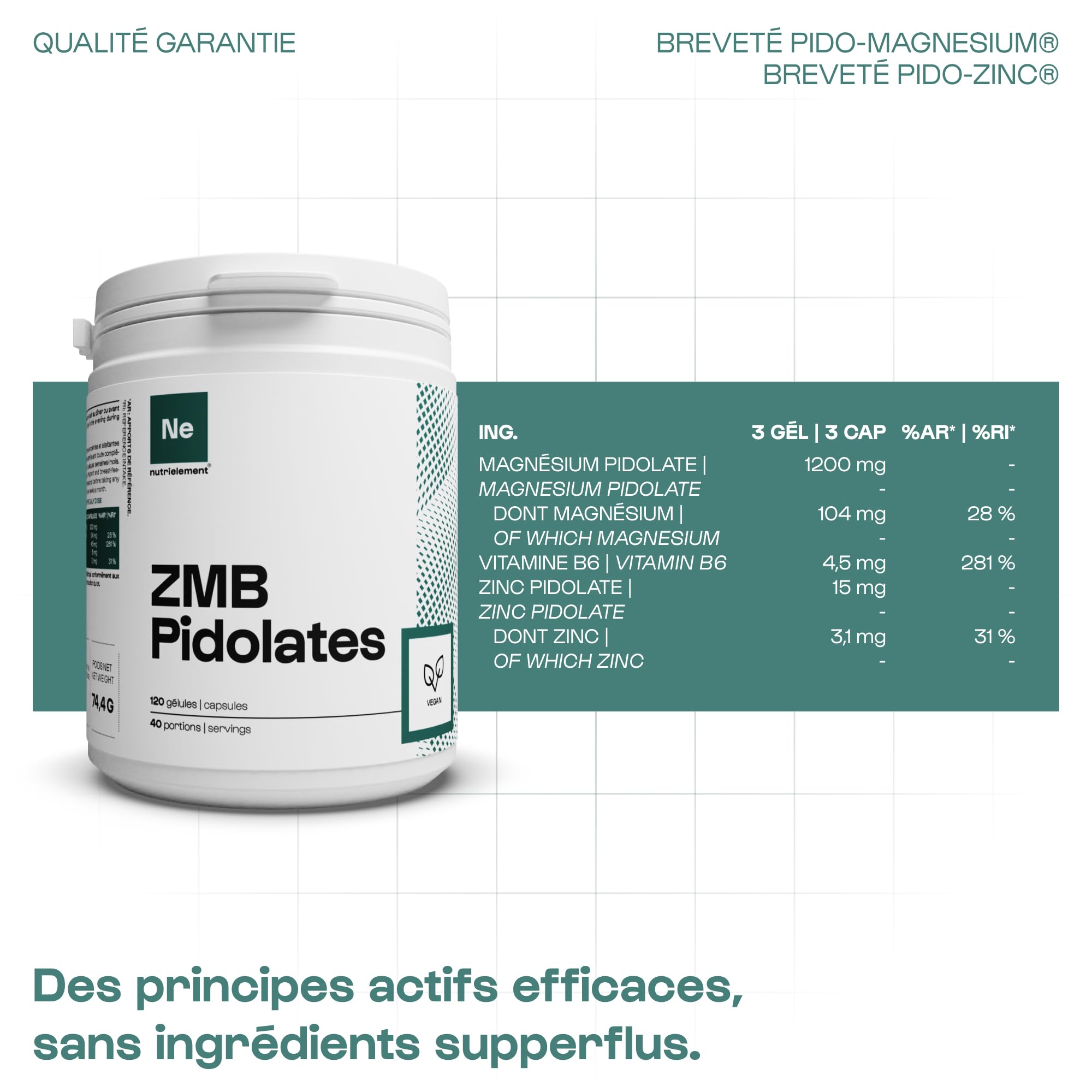 ZMB Pidolates 120 Gélules | Zinc + Magnésium + Vitamine B6 | 100% Naturel • Formule brevetée • Relaxation nerveuse et musculaire • Qualité du sommeil • Vegan | Nutrielement By Nutrimuscle