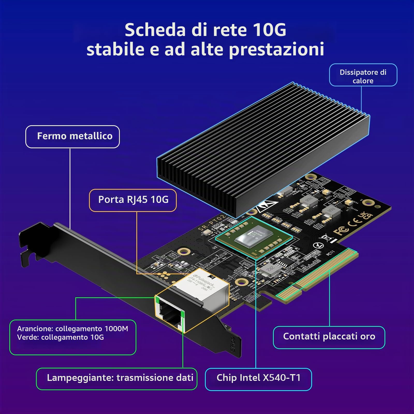 VIMIN Scheda di Rete PCI-E 10G con 10Gbps RJ45 Ports, Controller X540-T1, Scheda Adattatore Ethernet 10Gb Compatibile con PCI Express X8, X16, Supporta Windows/Windows Server/Linux/VMware