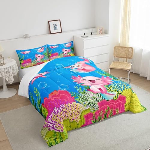 Miniatura 4 de Juego de edredón de tamaño individual de ajolote para niñas, decoración de salamandra de dibujos animados para todas las estaciones, edredón de