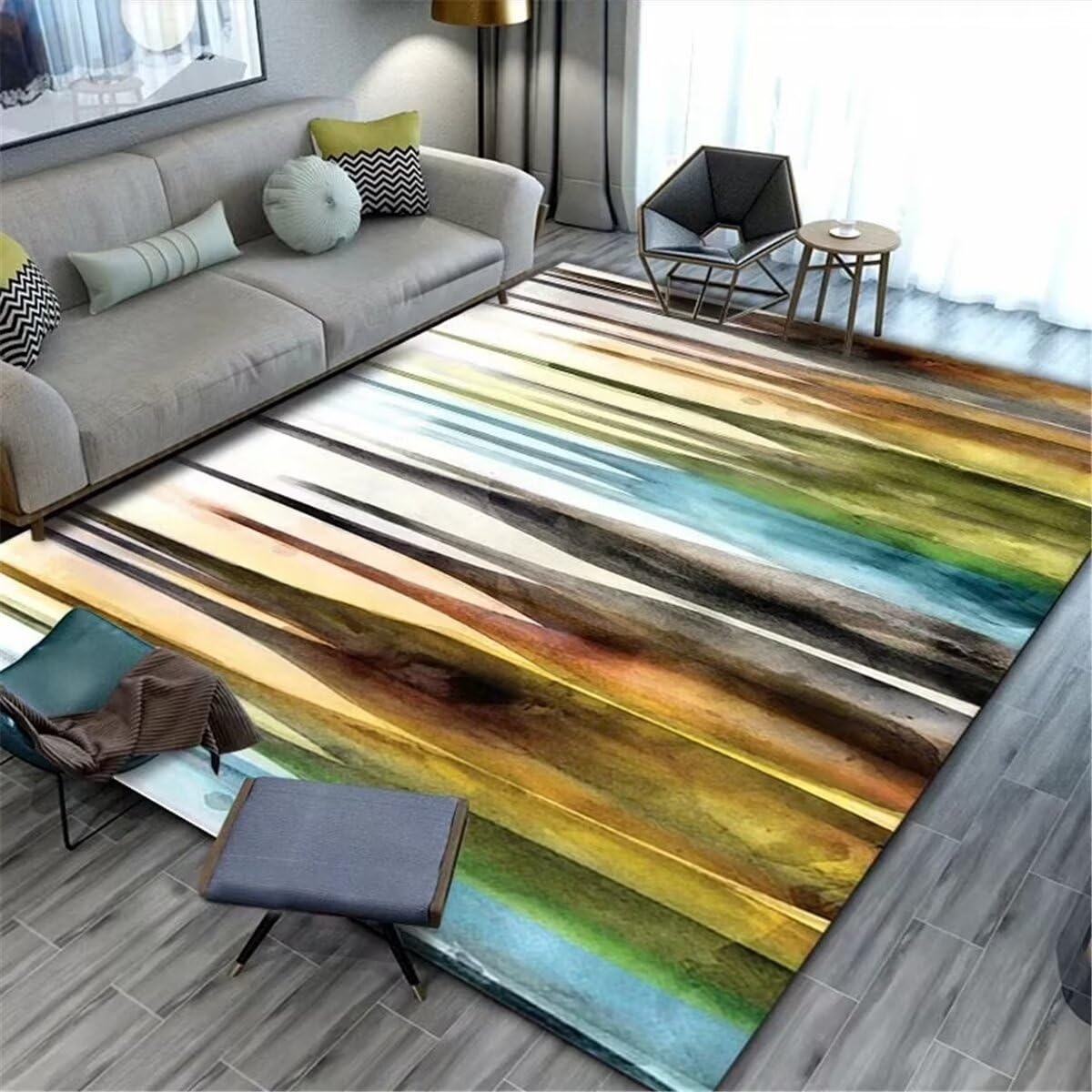 Tapis bleu aquarelle 80X150CM lavable pour chambre ado fille et terrasse