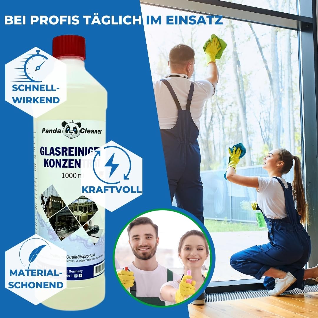 PandaCleaner Fenster Reinigungsmittel - 12x 1L Fensterputzmittel streifenfrei - Glasreiniger Profi - Bio Fensterreiniger Konzentrat für langanhaltende Sauberkeit (12x1000ml)