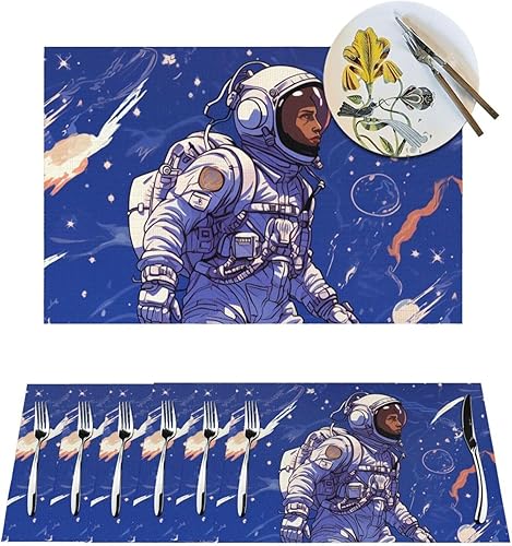 6 PCS PVC Placemats Set Place Mats Black Astronaut on Blue Non-Slip Weave Place Mats 12" x 18" Farmhouse Table Mat Set for Family Dinners Wedding