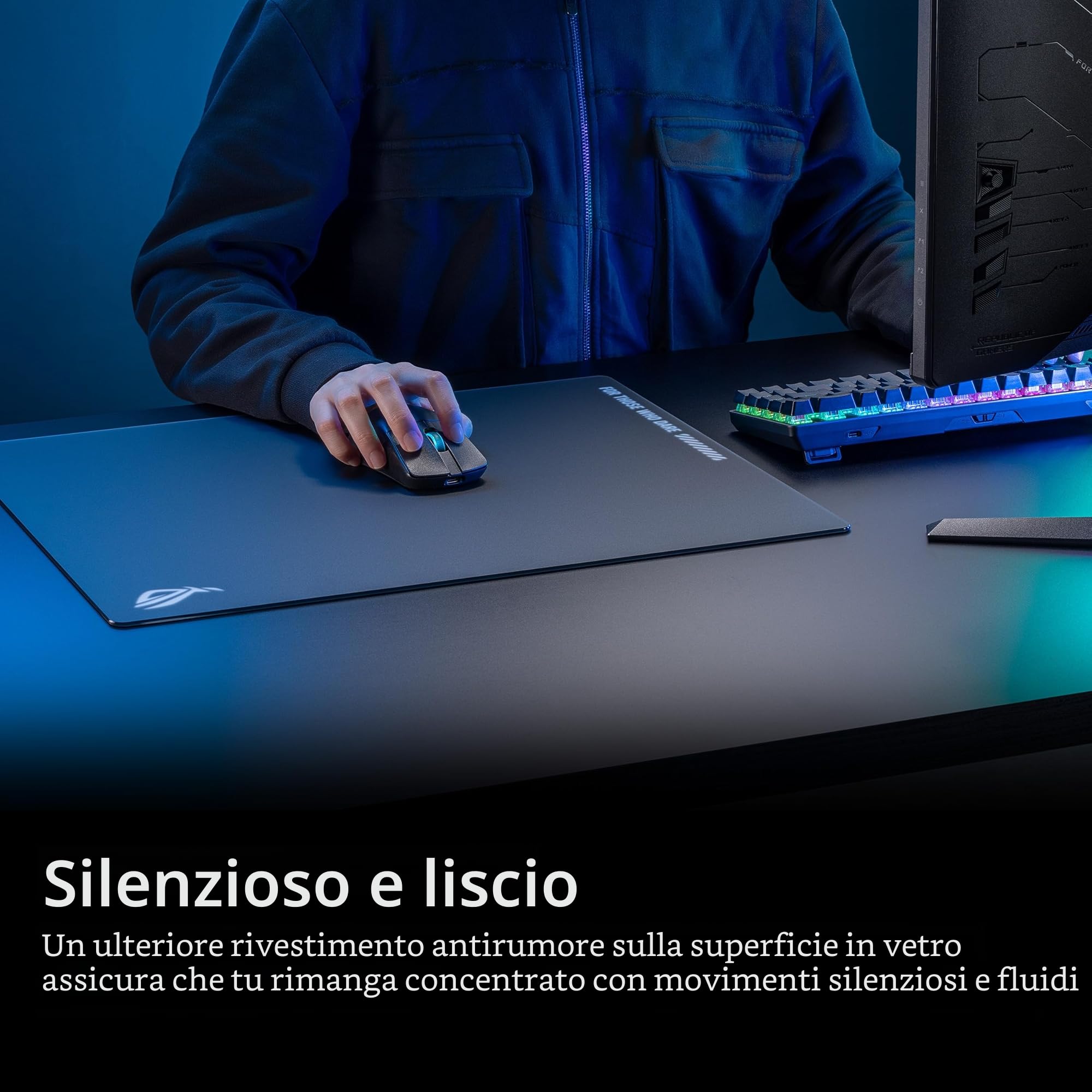 ASUS ROG NH04 ROG Moonstone ACE Tappetino per mouse da gioco, 50 x 40 x 0,4 cm, di grandi dimensioni, superficie ultra liscia, vetro temperato, giochi Esports e FPS, nero
