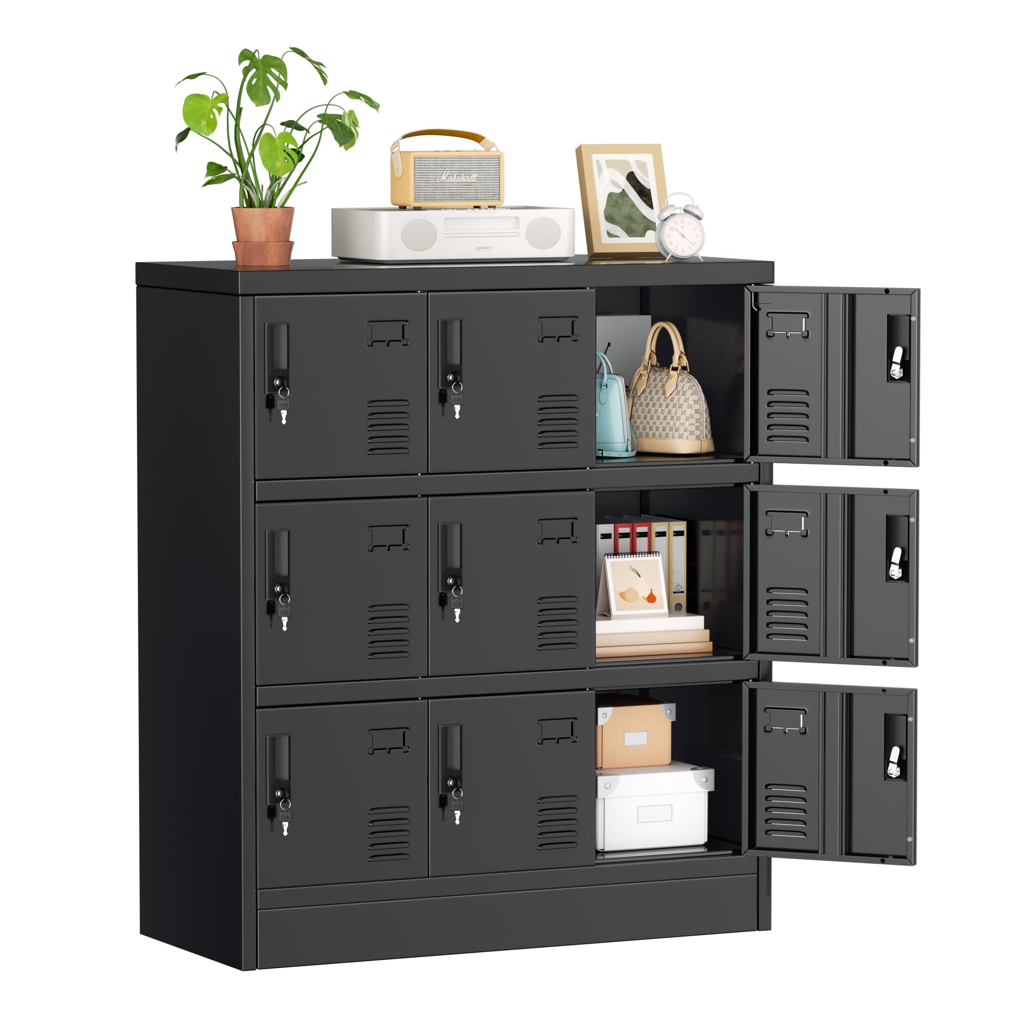 PatakuLockers for Employees, Black Lockers with Lockable Doors, Sports Locker with 9 Doors, Metal Locker for Office, Storage Locker Cabinet for Bedroom, Gym, School, Home