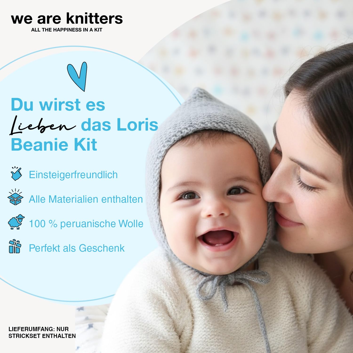We Are Knitters Titi Hood Kit – Strickset für Anfänger mit 100% Baby-Alpaka-Wolle – Komplettes Strickset mit Wolle und Anleitung – Baby Kapuze (1–6 Monate / 6–12 Monate) – Handarbeit Geschenk