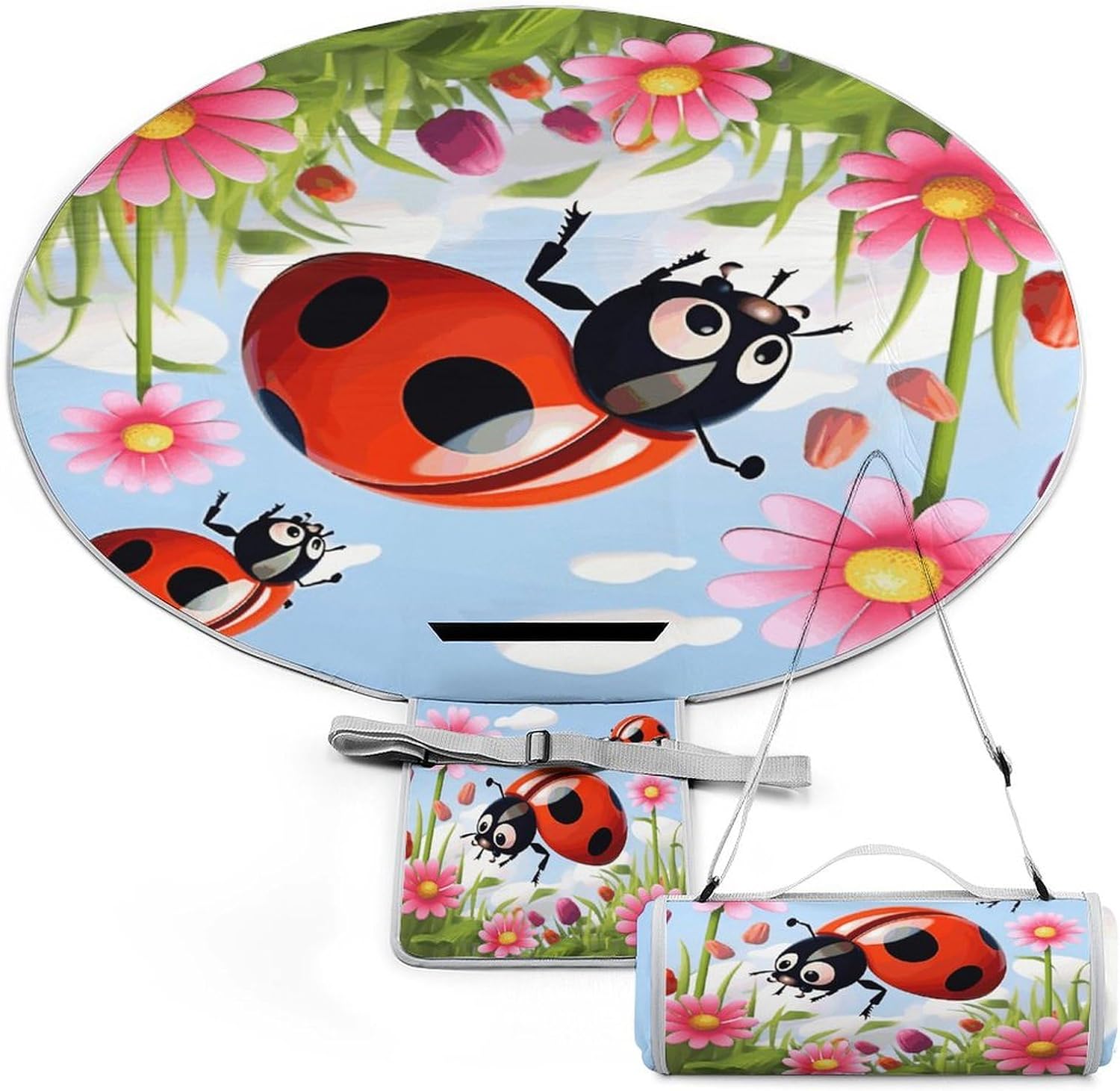 Picnic Blankets,Cartoon Ladybug Flower Print Picnic Mat,Portable Picnic Blanket,Foldable Compact Beach Blanket for Camping,Park,Travel