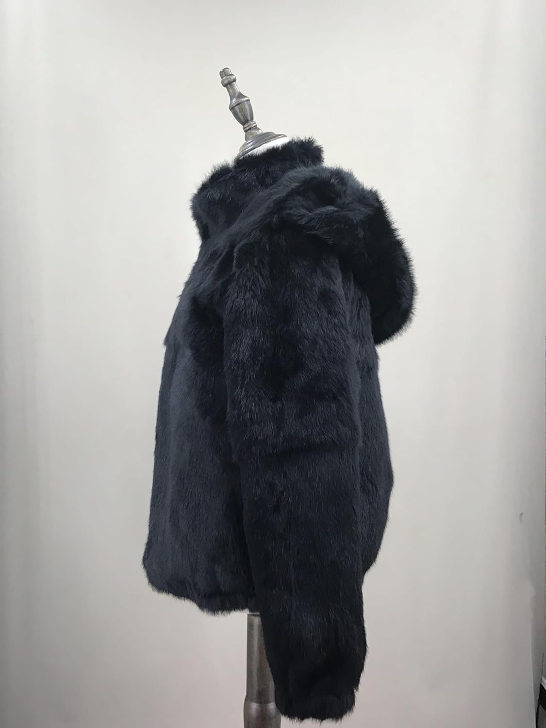 LVCOMEFF Women Natural Rabbit Fur Coat With Hood Jacket With High Collar Furry