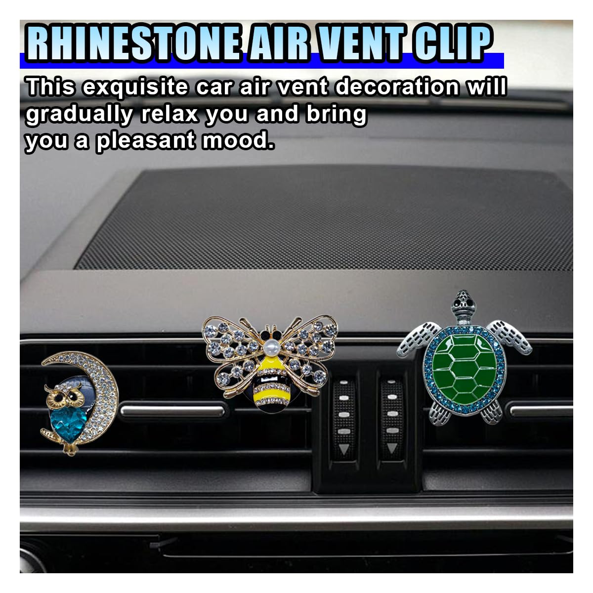 3 clips de ventilación de coche con diseño de abeja brillante, difusor de cristal para coche, clip de salida de aire acondicionado, tortuga con diamantes de imitación, decoración interior del coche