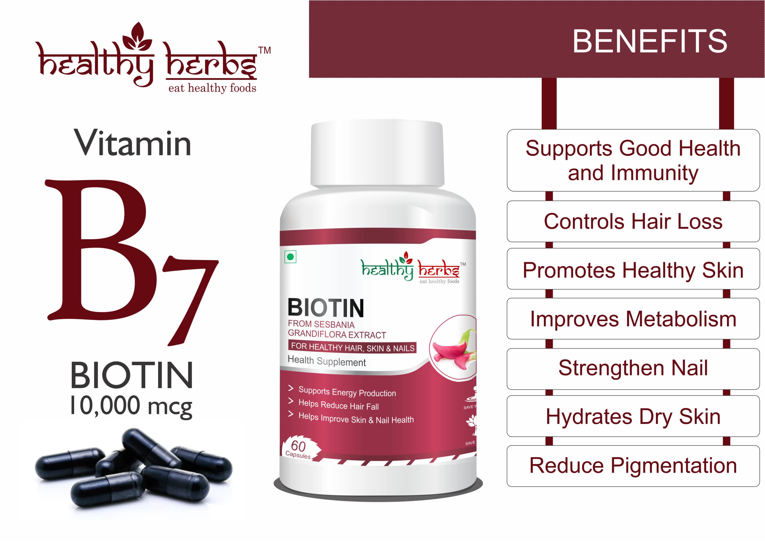 Healthy Herbs Biotin Capsule - High Potency -10000mcg | Promotes Healthy Hair, Glow Skin & For Brittle Nails 60 Capsules 4