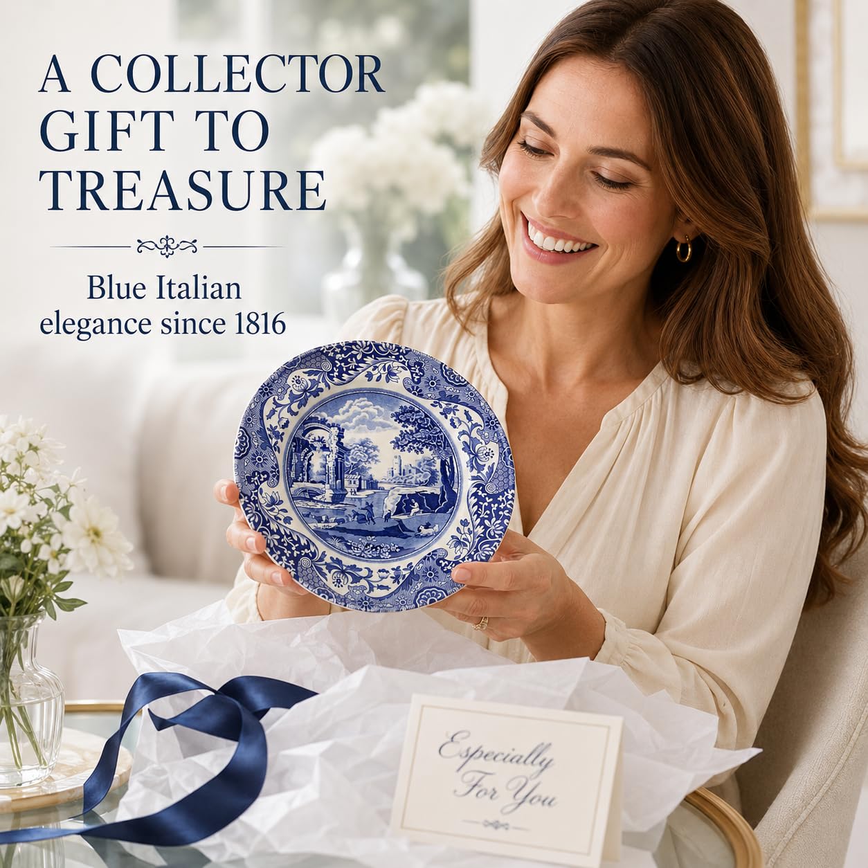 Spode Lot de 4 assiettes à salade italiennes bleues, 19 cm, faïence fine, fabriquées en Angleterre, passent au lave-vaisselle (bleu/blanc, 20,3 cm)