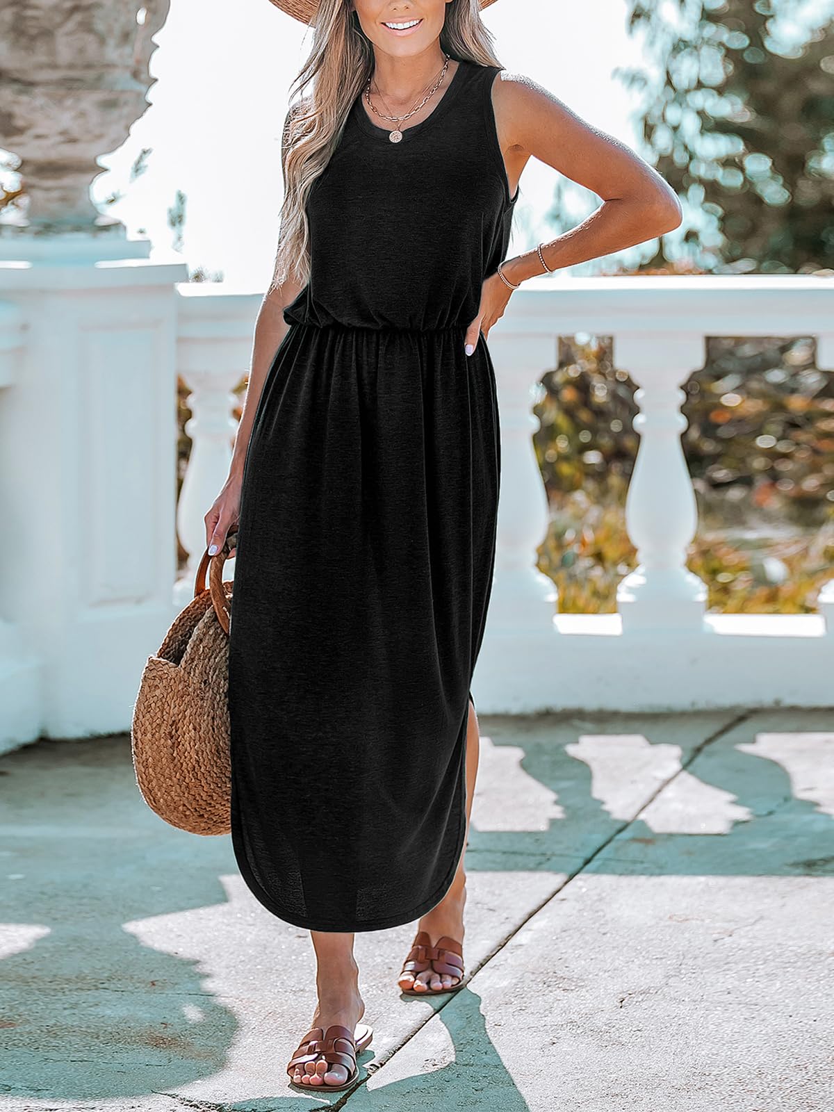 CUPSHE Abito da donna in maglia stretta in vita con spacco laterale orlo asimmetrico abiti senza maniche girocollo maxi abito