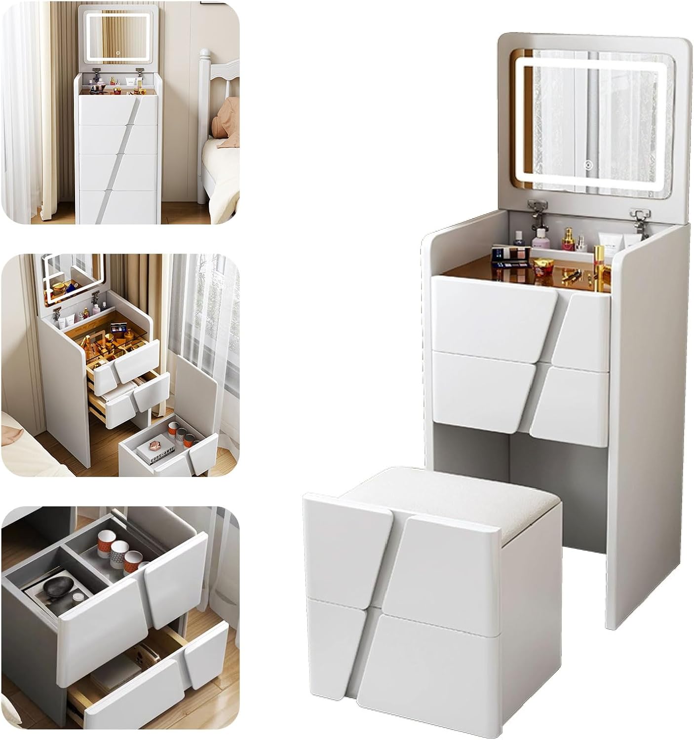 Makeup Table with Flip Top Mirror and Removable Storage Padded Seat Stool Led Smart Glass Dressing Table Chair Set,(en:3-in-1 Girls Vanity Set with Mirror & Stool Lights Glass Top 3 Drawe