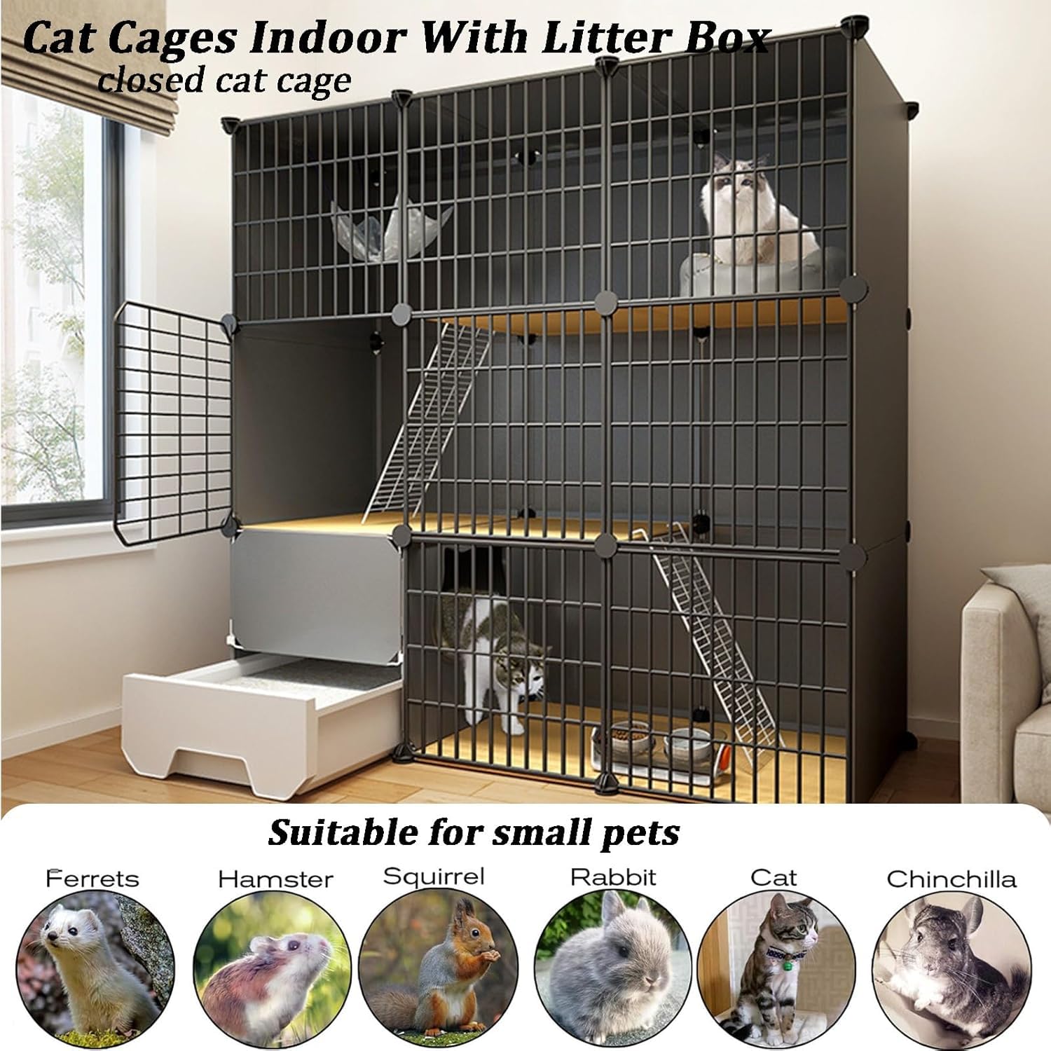 Gabbia per Gatti da Interno con Lettiera, Recinti per Gatti Fai-da-Te A 3 Livelli, Casette per Gatti da Esterno Multifunzionali, Box per Gatti, Robusta Gabbia per Gattini Facile D, 111 * 39 * 109cm