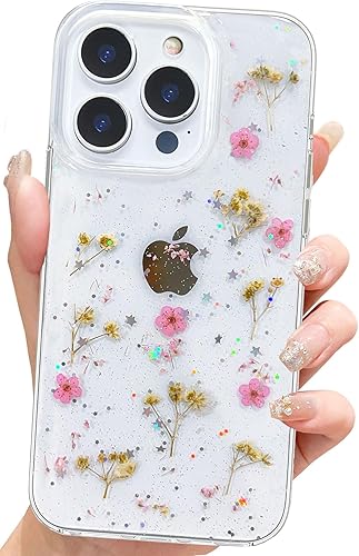 Miniatura 21 de Abbery Funda transparente para iPhone 14 con diseño de flores reales prensadas, purpurina y brillo dorado, bonito patrón floral de margaritas Dorado