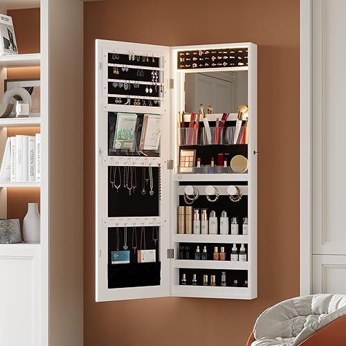 Miniatura 7 de Ylued Armario de joyería con espejo LED, organizador de joyas montado en la paredpuerta con espejo de longitud completa, espejo con cerradura con