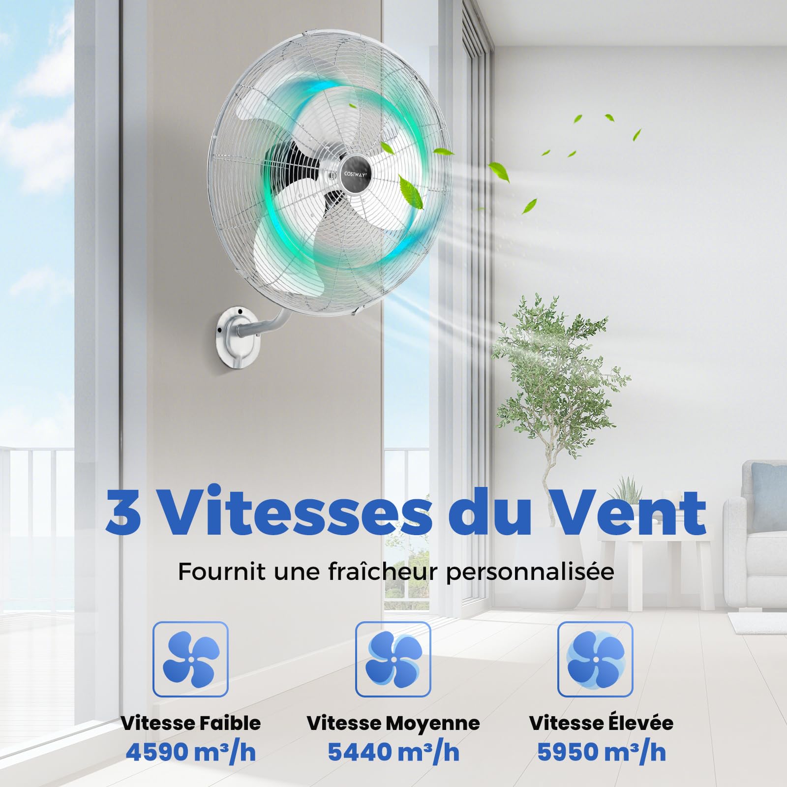 COSTWAY Ventilateur Mural Industriel Ø56 cm 120W 3 Vitesses, Ventilateur Domestique Pales en Aluminium Tête d'Inclinaison Réglable à 30° Oscillation à 85° pour Entrepôt Atelier (Argenté)