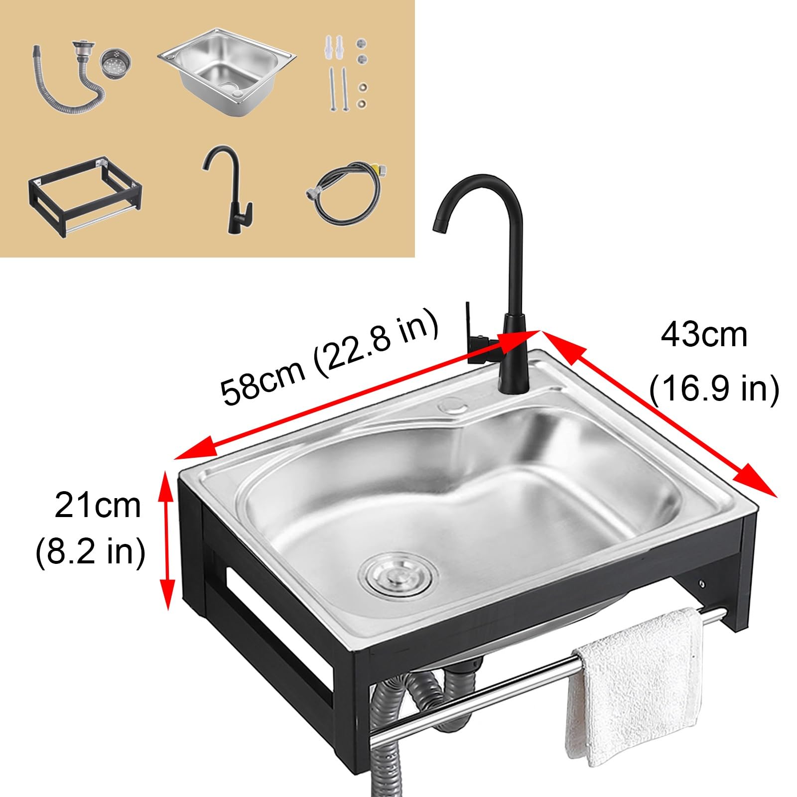 Generico Lavello Indipendente in Acciaio Inossidabile - Lavello da Cucina/Bar a Parete con Rubinetto e Tubo, lavabo a Vasca Singola per Lavanderia, ripostiglio, Garage, Cantina