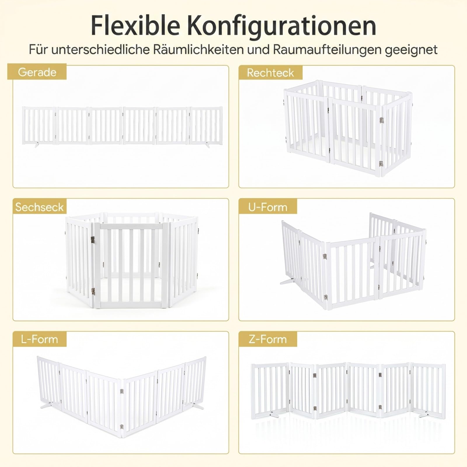 COSTWAY Absperrgitter Hunde 60cm Hoch, Schutzgitter Holz, Kindergitter klappbar, Treppengitter Hundeabsperrgitter flexibel Türschutzgitter (6 Paneelen, Weiß)