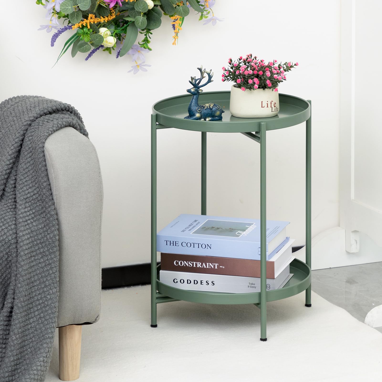 HollyHOME Tavolino Rotondo Piccolo Tavolino Salotto Metallo Tavolino Basso 2 Ripiani Comodino Camera da Letto Tavolino da Divano per Soggiorno Balcone Patio, Verde