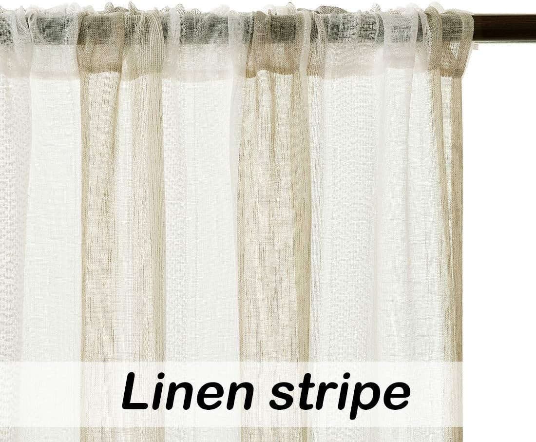 Central Park Beige and White Stripe Sheer Curtains Boucle Linen Farmhouse Rustic Window Curtain Panel Yarn Dyed Woven 84 Inches Long for Living Room Bedroom with Rod Pocket, 40" W x 84" L (Pack of 2)