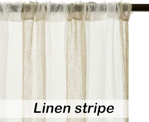 Miniatura 3 de Central Park Cortinas de granja de rayas beige y blancas traslúcidas, cortinas de ventana de lino boucle teñidas en hilo, tejidas, de 95 pulgadas de