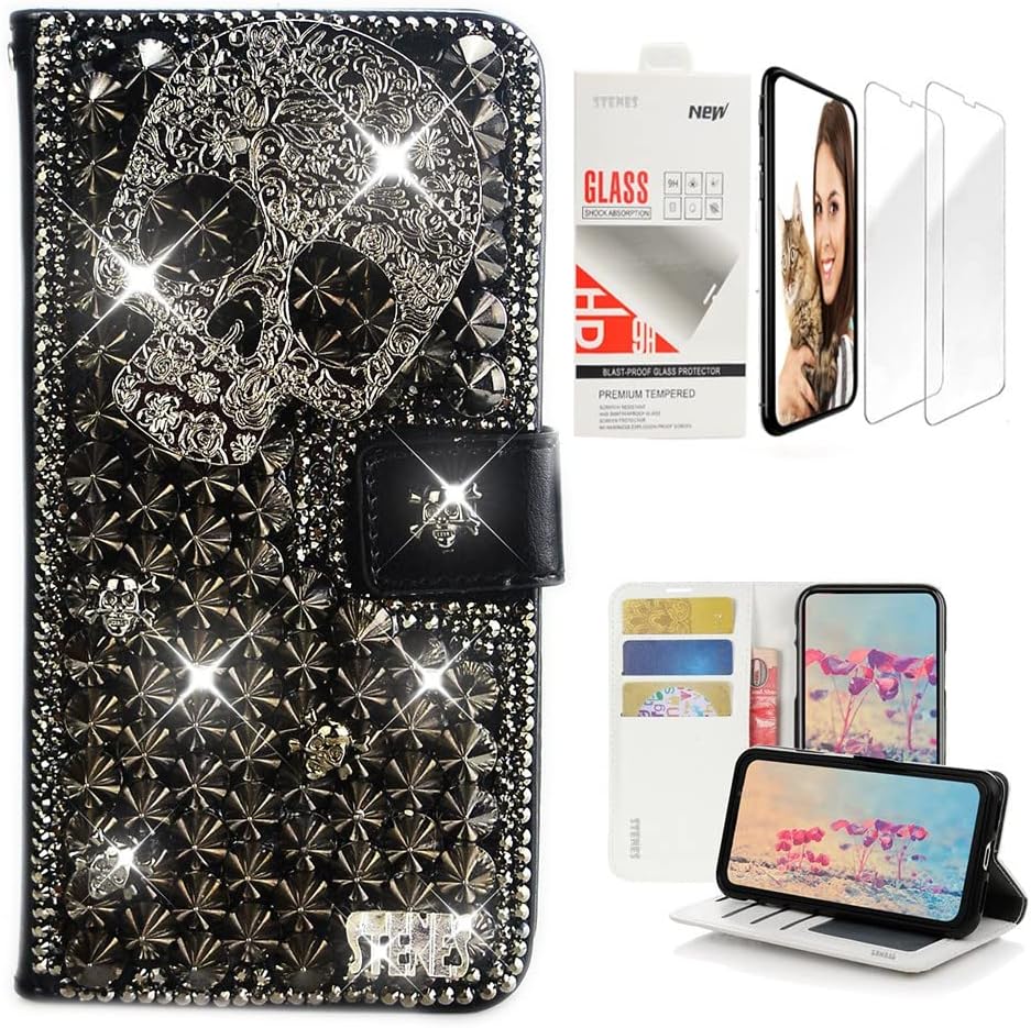 STENES Bling Wallet Phone Case Compatible with LG Stylo 6 - Stylish - 3D Handmade Punk Skull Glitter Magnetic Wallet Leather Cover with Screen Protector [2 Pack] - Black