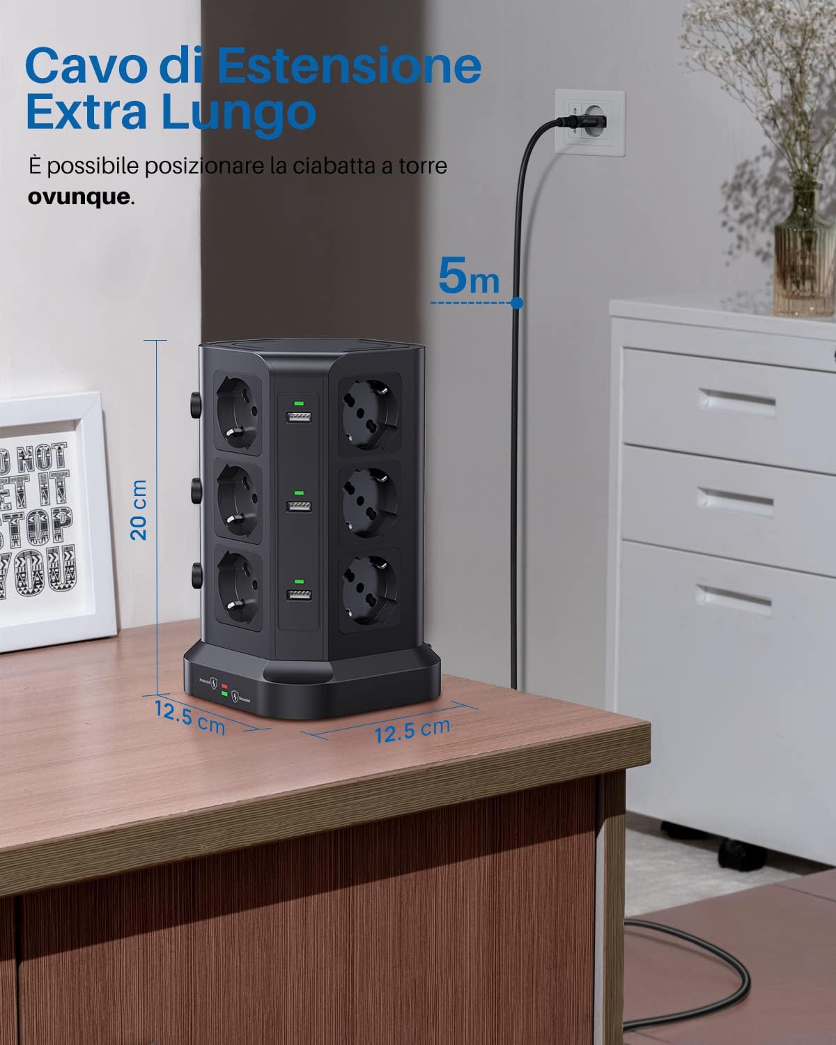 KOOSLA Multipresa ITA/Schuko 12 Prese 6 USB, 5M, Nero | 12 Prese Universali, 6 USB-A, 4000W/16A, Protezione Sovratensione, 5M Cavo