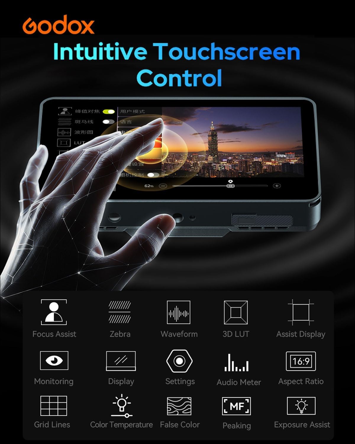Godox GM6S Pro Touch Screen Camera Field Monitor 2000nits 5.5 inch Camera Control Monitor with Sunshade Hood 4K@60Hz HDMI,False Color, Onion Skin, Waveform, 3D LUT, Peak Focus